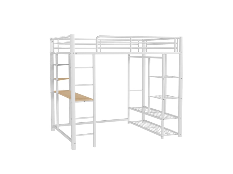 Lit mezzanine enfant 140x200 cm, table, étagère, garde-corps, sommier, métal blanc, sans matelas - Conforama R