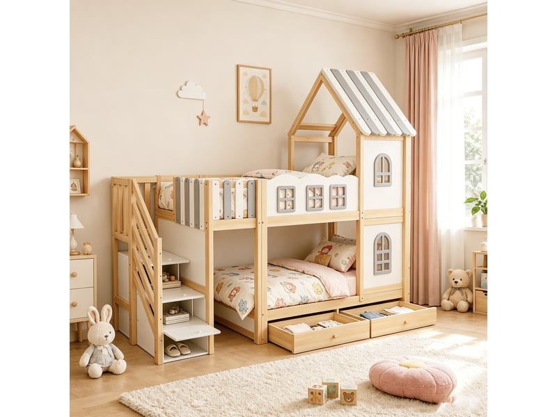 Lit superposé 90x200 cm, lit enfant, tiroirs, étagères, échelle sécurisée, motif nuage, bois gris, blanc, bois naturel - Conforama E