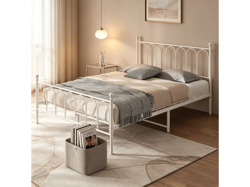 Lit 140x200cm métal, tête et pied vintage, rangement sous le lit,blanc - Conforama D