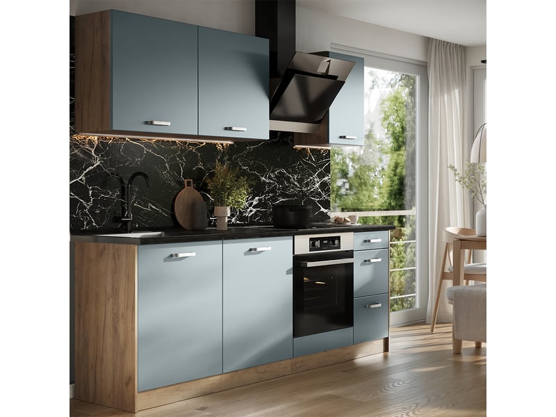  Vicco cuisine, bleu-grischêne doré, 220cm plan de travail anthracite  - Conforama C