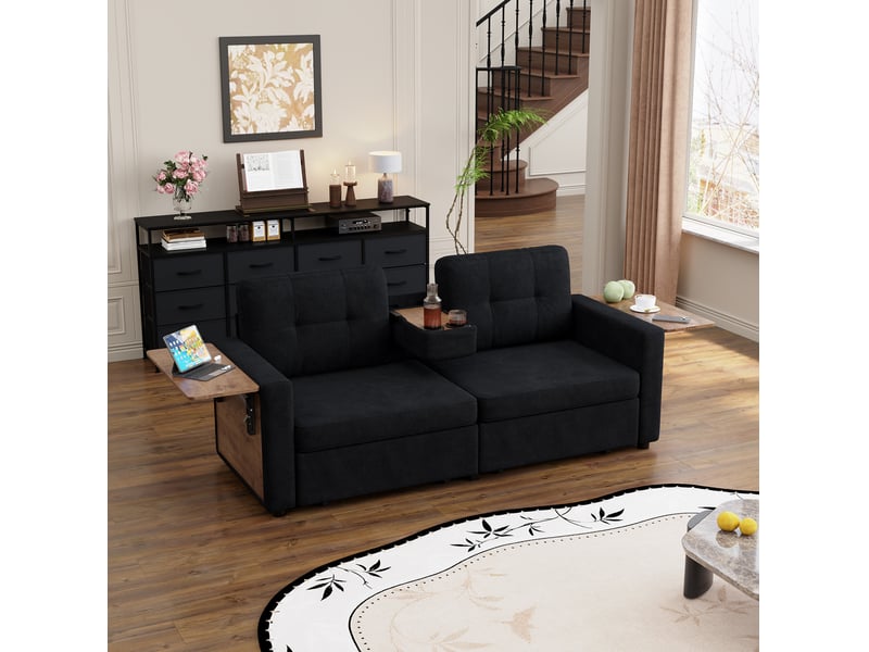 Canapé 2 places avec 2 tiroirs, tablettes réglables et porte-gobelets en chenille noire - Conforama W