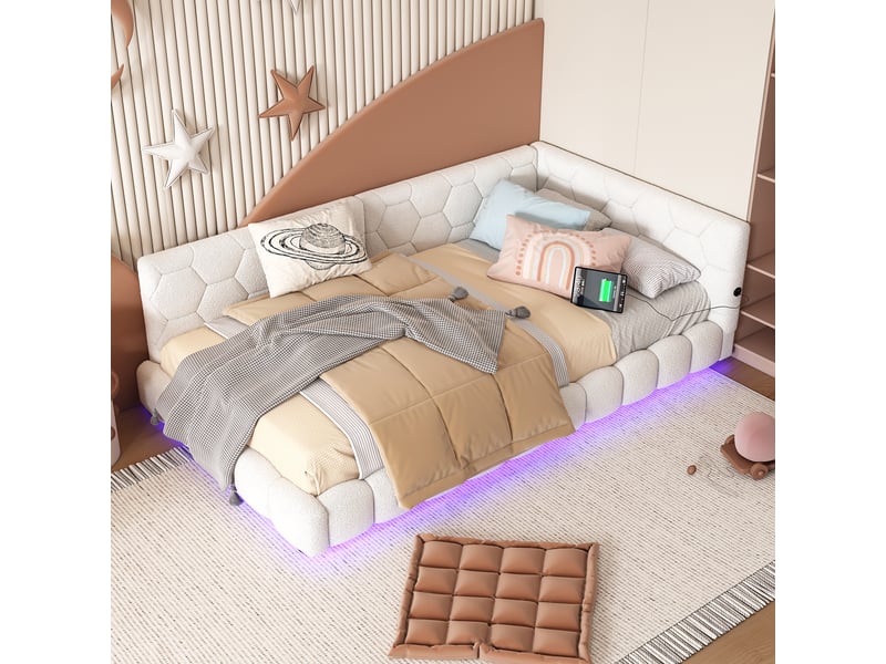 Lit banquette 90x200 cm en velours avec éclairage led, ports usb et usb-c - blanc - Conforama B