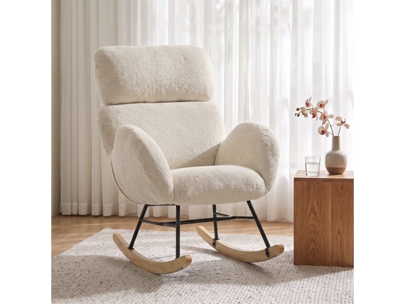  Fauteuil à bascule avec appuie-tête réglable 90x71x100 cm en velours blanc crème  - Conforama B