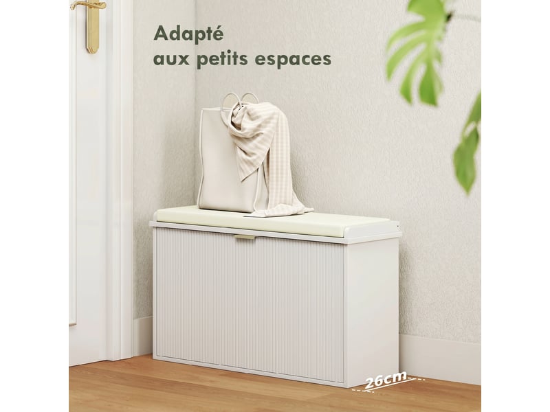  Banc à chaussures avec coussin d'assise rembourré et tiroir rabattable pour couloir, chambre, 80 x 26 x 47,5 cm, blanc  - Conforama D