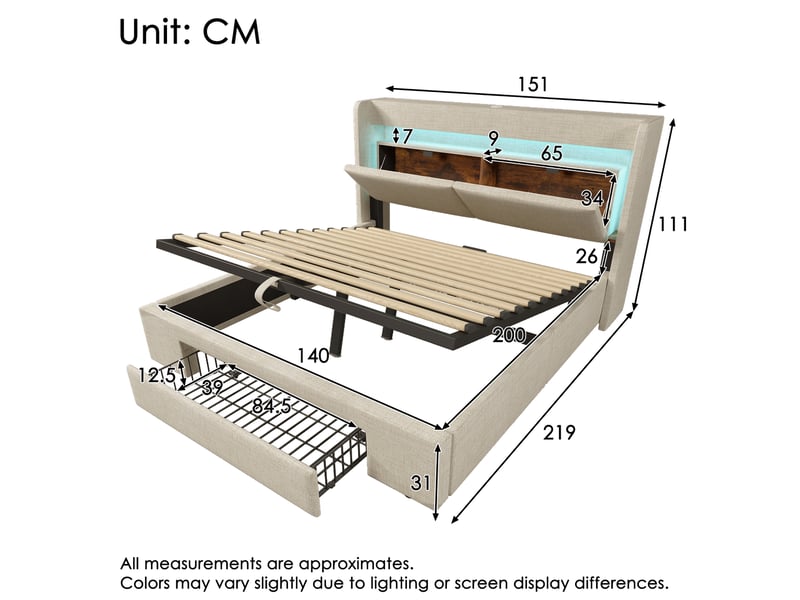  Lit coffre 140x200 cm à ouverture hydraulique, tête de lit led, usb, tiroir beige  - Conforama C