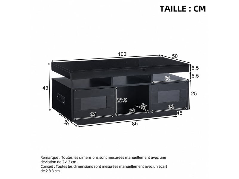 Table basse noire avec plateau brillant, rangement et led, 100 × 50 × 43 cm - Conforama C