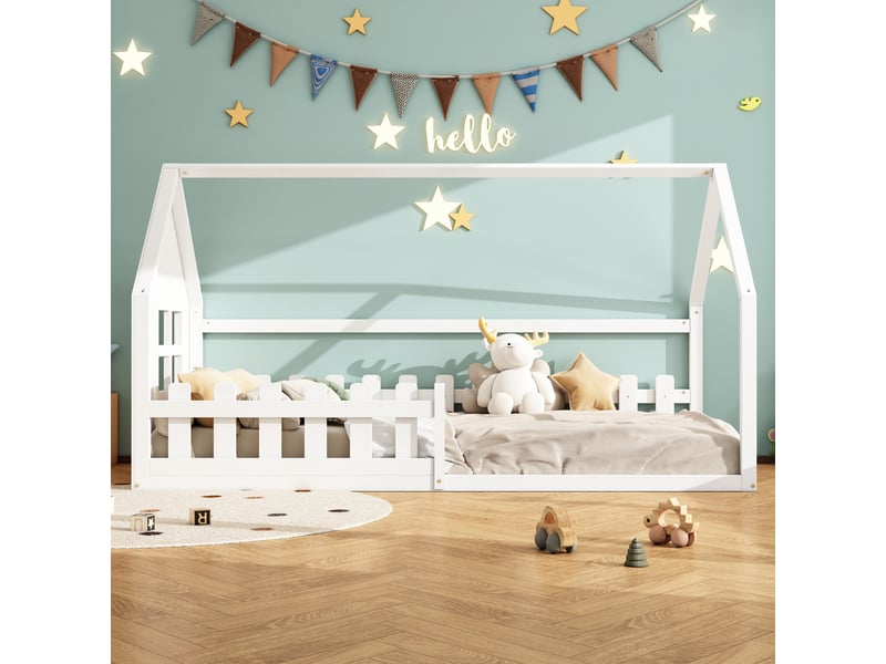  Lit cabane,lit plat pour enfants en pin et mdf 90x200cm,en forme de maison,blanc lit enfant blanc - Conforama B