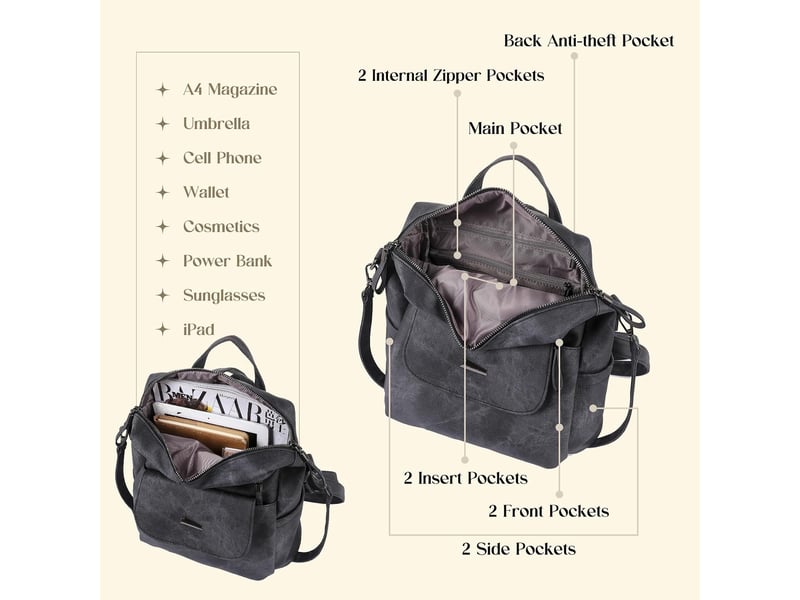  Sac à dos femme en cuir, petit format – imperméable, anti-vol, bandoulière pour ladies-noir  - Conforama C