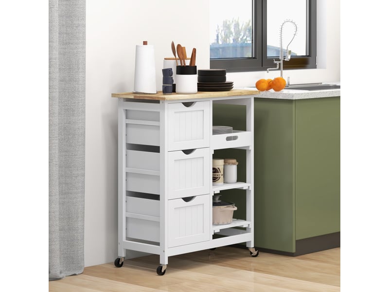  Chariot desserte de cuisine à roulettes plan de travail en bois 3 tiroirs + 1 plateau amovible blanc 67 x 37 x 85,5 cm  - Conforama D