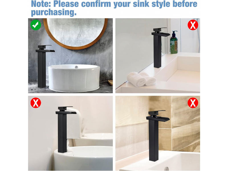  Robinet de salle de bain cascade chromé, robinet de lavabo avec bec surélevé, fonctionne de l'eau chaude et froide - noir  - Conforama C