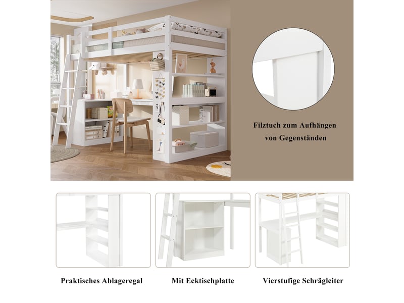 Lit mezzanine enfant 90 × 200 cm 1 place avec étagère, tablette d’angle et barrière, sans matelas, blanc - Conforama E