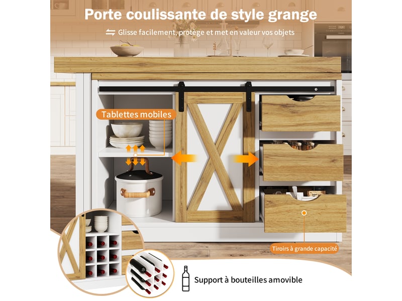  Îlot de cuisine extensible 120-197x40x72 cm, table à manger avec portes style grange, 3 tiroirs et casier à bouteilles, blanc  - Conforama D
