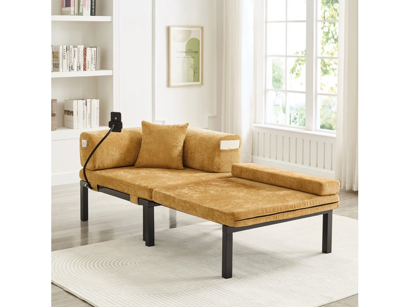  Canapé convertible pliant 1 place avec lit coulissant et dossier à coussin, en bois et velours jaune, 176 × 81 × 64 cm  - Conforama E