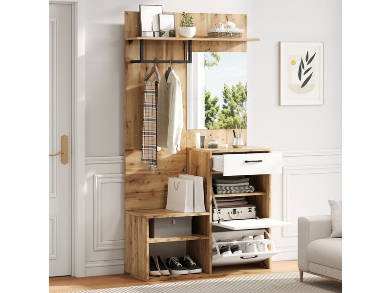  Vestiaire d'entrée avec banc à chaussures et miroir, meuble de couloir compact 100cm, porte-manteau blanc et bois, rangement gain de place  - Conforama B