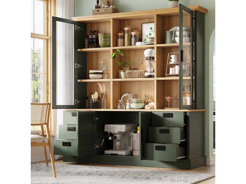  Buffet haut 140x40x185 cm vaisselier haut 2 portes vitrées, 6 tiroirs, 2 portes basses, étagères réglables, mdfmétal, vert foncé et effet bois  - Conforama E