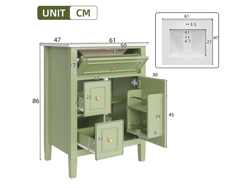 Meuble sous vasque sur pied 61x47x86 cm vert brillant avec lavabo en céramique - Conforama C