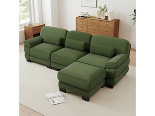 Canapé d'angle modulable - 3 places - forme l - 1 ottoman - coussins lombaires - velours côtelé - mobilier de salon - vert
