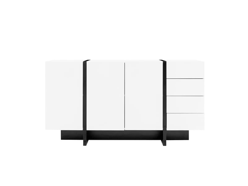  Buffet blanc laqué brillant, style moderne, 2 portes et 4 tiroirs, facile à nettoyer  - Conforama A