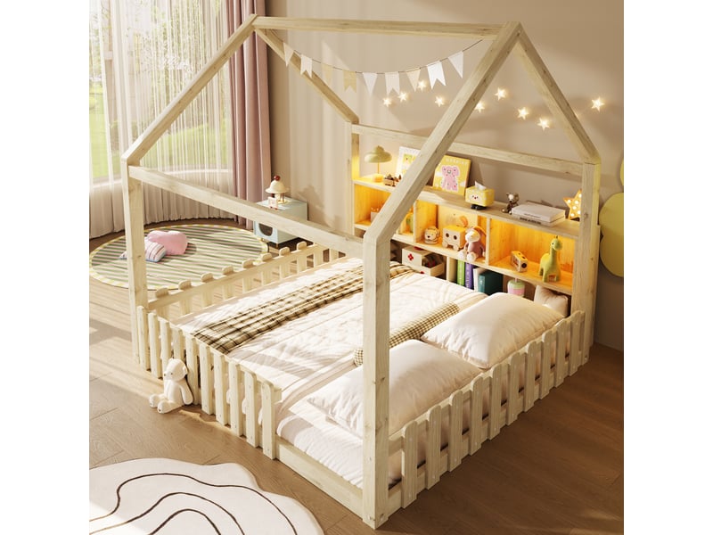  Lit cabane enfant 140x190 cm, lit au sol avec barrières de sécurité, led, rangements ouverts intégrés en tête de lit, pin naturel et mdf  - Conforama D