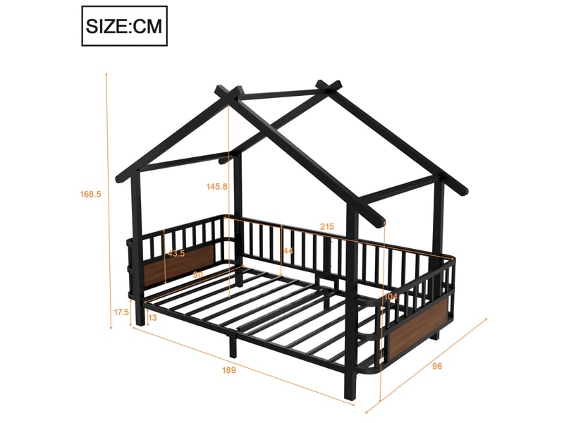 Lit enfant maison 90x200 cm, lit cabane, barrières sécurité, chambre, style contemporain, métal, noir, sans matelas - Conforama C