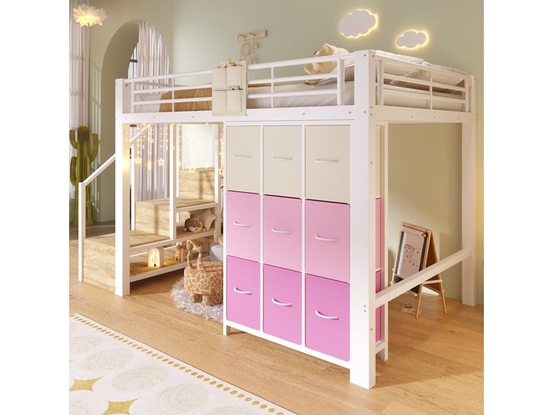  Lit mezzanine 140×200 cm sans matelas, structure métal, tiroirs, penderie, échelle de rangement, blanc  - Conforama D