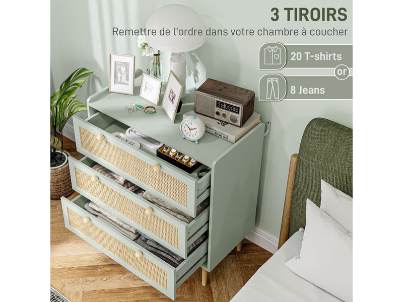 Commode design bohème en rotin avec 3 tiroirs, meuble de rangement pour le salon, le couloir, vert olive, l'entrée  - Conforama A