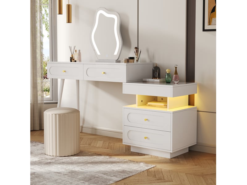  Coiffeuse miroir led tactile avec 4 tiroirs et niche, meuble latéral modulable pour chambre, blanc, 140 × 40 × 130 cm  - Conforama B