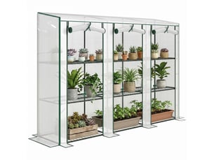 Serre de jardin avec étagères à 3 niveaux serre de balcon 3 portes enroulables zippées 215 x 46 x 151 cm blanc