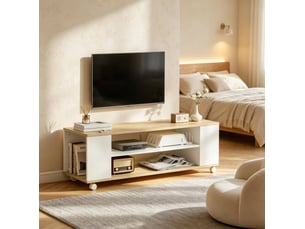 Meuble tv à roulettes avec 2 étagères et 2 niches, mural ou au sol, blanc et bois naturel 120 × 40 × 38,5 cm