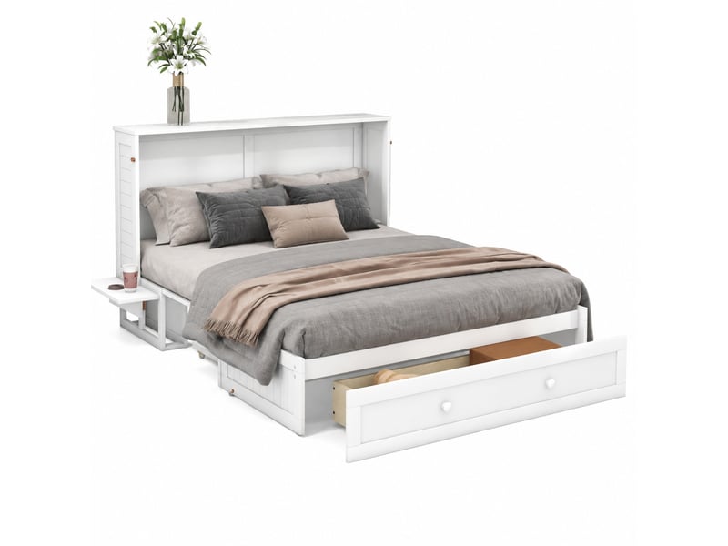  Lit escamotable convertible 140 x 200 cm avec tiroir et étagères latérales, blanc  - Conforama A