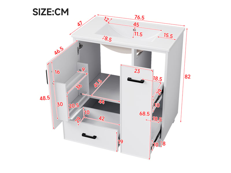  Meuble sous lavabo sur pied 76,5x47x82 cm avec vasque intégrée blanc  - Conforama C