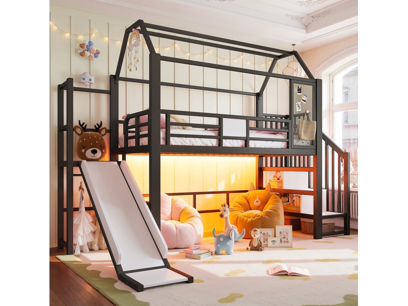 Lit mezzanine enfant 90 x 200 cm noir en métal et mdf, avec toboggan, escalier, rangement et led bluetooth - Conforama B