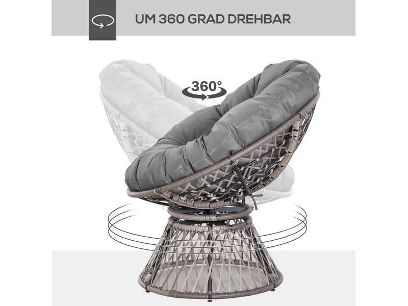 Fauteuil papasan gris en résine tressée, coussin et rotation à 360°, 87 x 97 x 86 cm, pour jardin et salon  - Conforama E