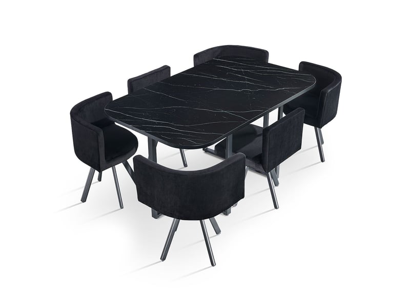  Table rectangulaire 150cm avec 6 chaises gain de place oslo xl effet marbre noir et velours noir Oslo - Conforama A