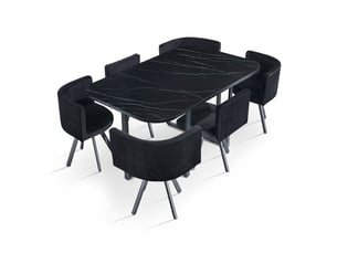 Table rectangulaire 150cm avec 6 chaises gain de place oslo xl effet marbre noir et velours noir