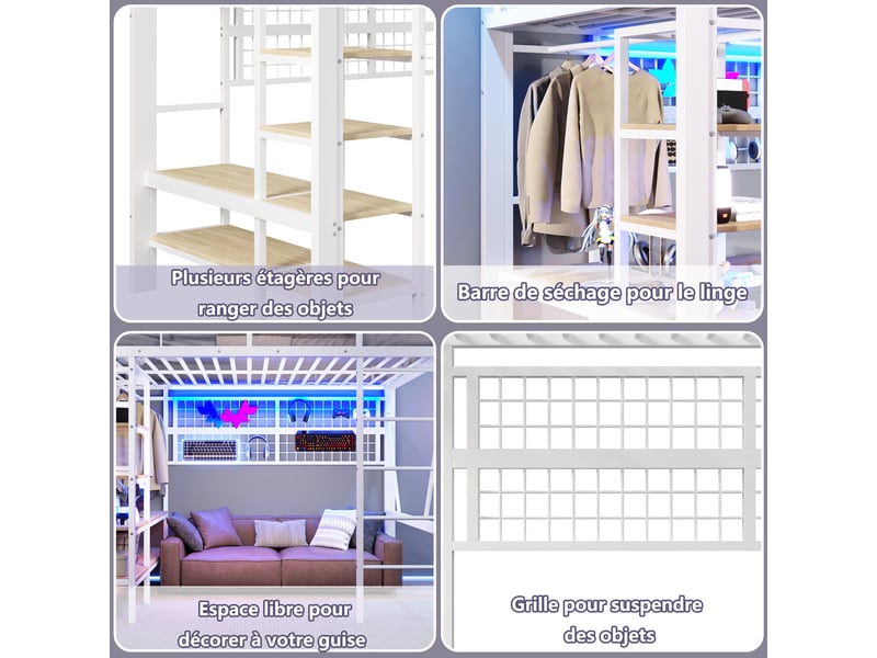Lit mezzanine enfant 140 x 200 cm en métal avec led par application, niche, filet suspendu et penderie gain de place, blanc - Conforama D