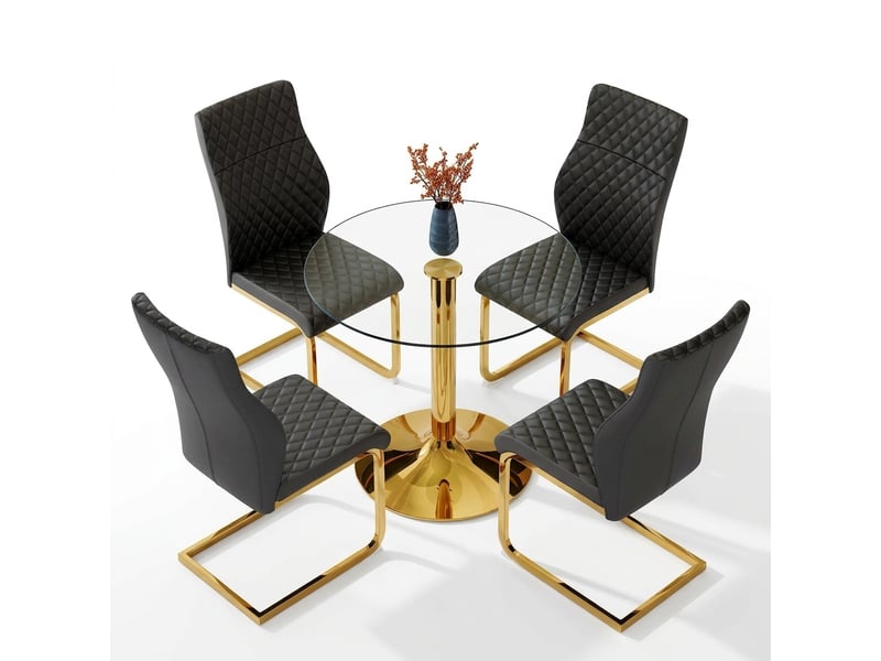  Ensemble table ronde ø85 cm et 4 chaises, verre et pu noir, style moderne noir et or  - Conforama A