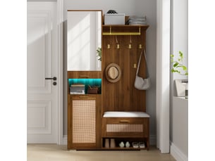 Ensemble d’entrée avec miroir, 6 patères dorées, meuble à chaussures, banc et led 16 couleurs
