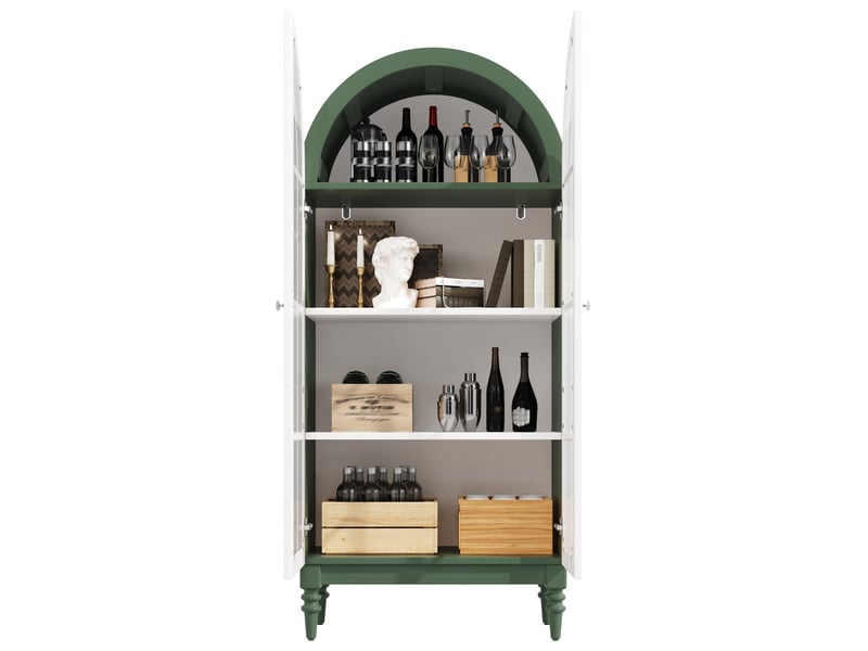  Vitrine haute 76 x 38,5 x 165 cm avec 2 portes en verre cannelé et 3 étagères, vert foncé et blanc  - Conforama A