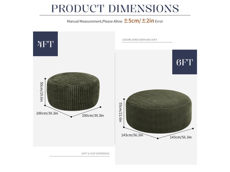  Fauteuil simple - 143x55cm - fauteuil pouf géant poire en mousse mémoire et tissu corduroy doux - vert  - Conforama E