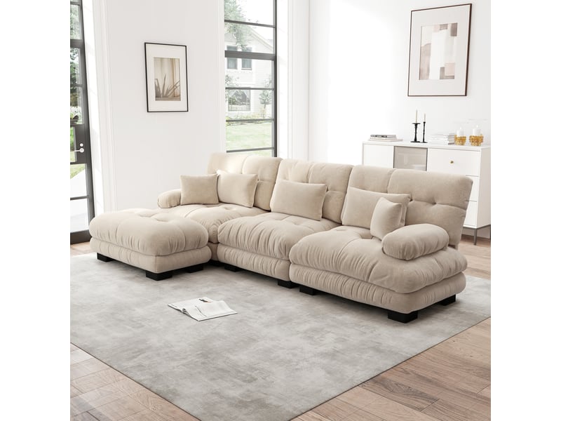 Canapé modulaire d'angle avec ottoman et coussins lombaires, assise profonde en chenille, café clair - Conforama D