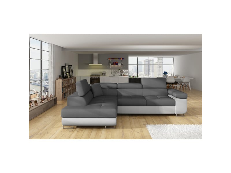  Canapé d'angle convertible menton gris et blanc bouclette – angle gauche avec coffre  - Conforama B
