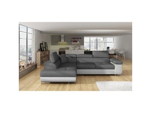 Canapé d'angle convertible menton gris et blanc bouclette – angle gauche avec coffre