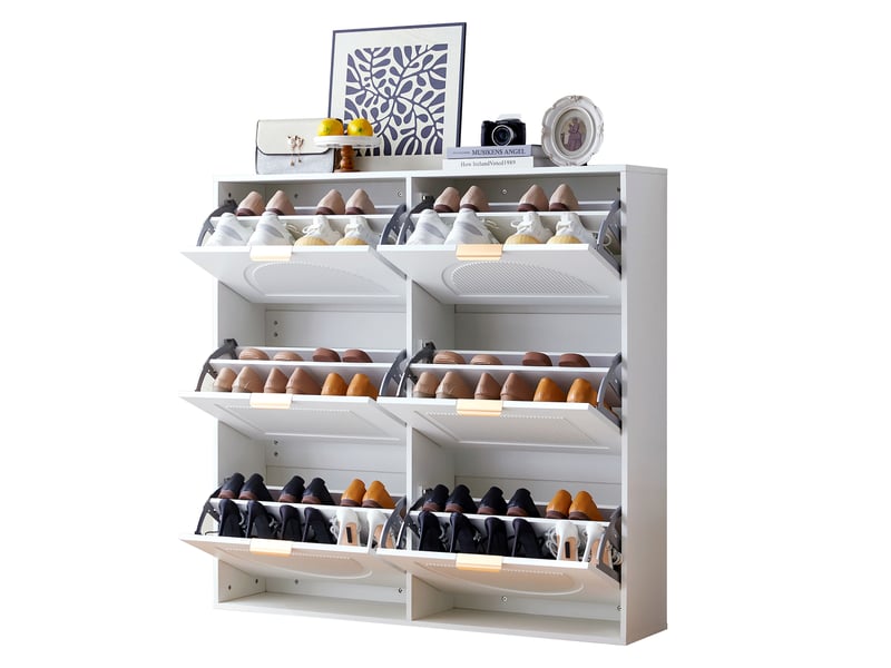  Meuble à chaussures avec 6 abattants et étagères réglables, rangement étroit pour entrée en mdf, 118×25×115 cm blanc  - Conforama A