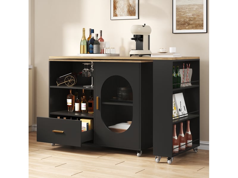 Îlot de cuisine 120x60x90 cm extensible avec 1 porte et 1 tiroir en plateau pivotant et mdf couleur naturel et noir - Conforama D