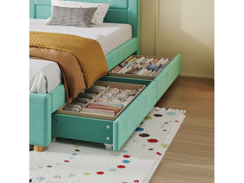  Lit enfant 90x200 cm en velours bleu-vert avec tête de lit maison et 4 tiroirs, pour chambre enfant, sans matelas  - Conforama D