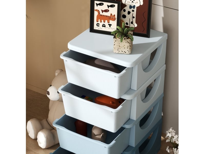  Meuble de rangement enfant 37x37x76 cm – bleu – 4 tiroirs amovibles, coins arrondis et assise pratique  - Conforama D