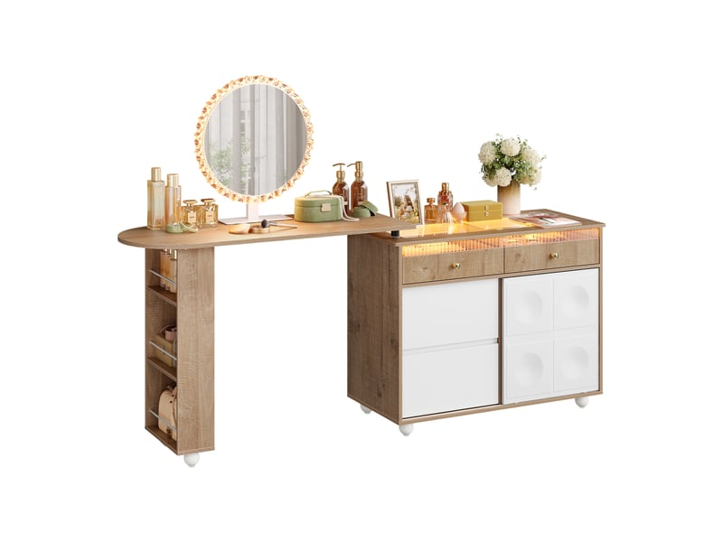  Coiffeuse avec miroir led,avec éclairage et casiers à bijoux,tiroirs,étagères,blanc+chêne brun clair  - Conforama A