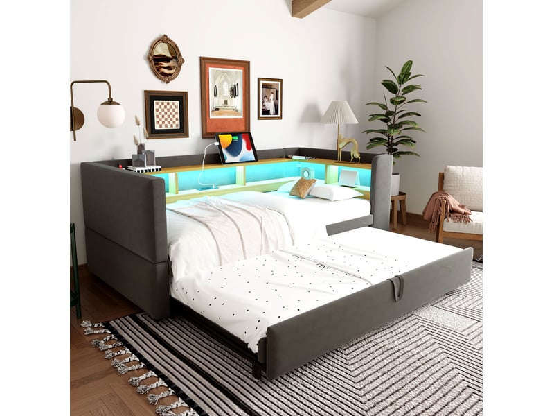  Canapé-lit extensible 90x190 cm et 180x190 cm avec led, prises et rangements mdf métal bois gris foncé sans matelas  - Conforama E