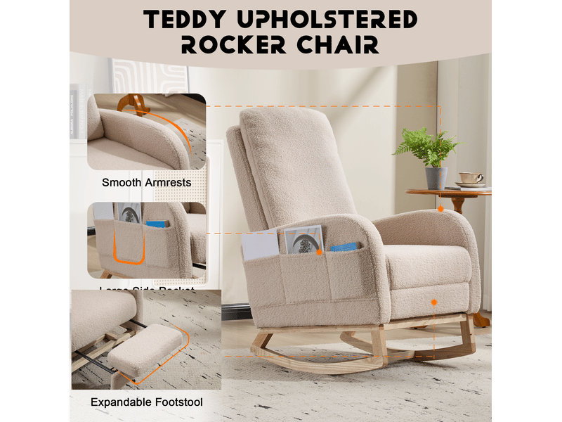  Fauteuil à bascule à haut dossier 75x63x104 cm – beige – repose-pieds coulissant avec poche latérale  - Conforama D